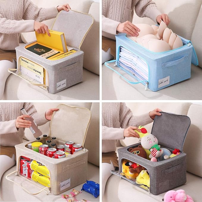 CYhom 3Pack Foldable Storage Bins - Frame Storage Box Linen Fabric Stackable Clothes Container Organizer with Clear Window & Carry Handles Large Capacity (Small-22L, Beige)