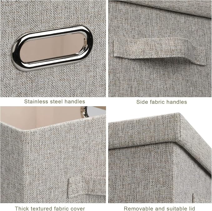 Storage Bins with Lids Fabric Closet Organizers Cubes Office Organization | 21 Quart 5 Pack Beige Collapsible Stackable Linen Fabric 4 Handles Bedroom Closet Cabinet Under Bed Clothes Toy Office File