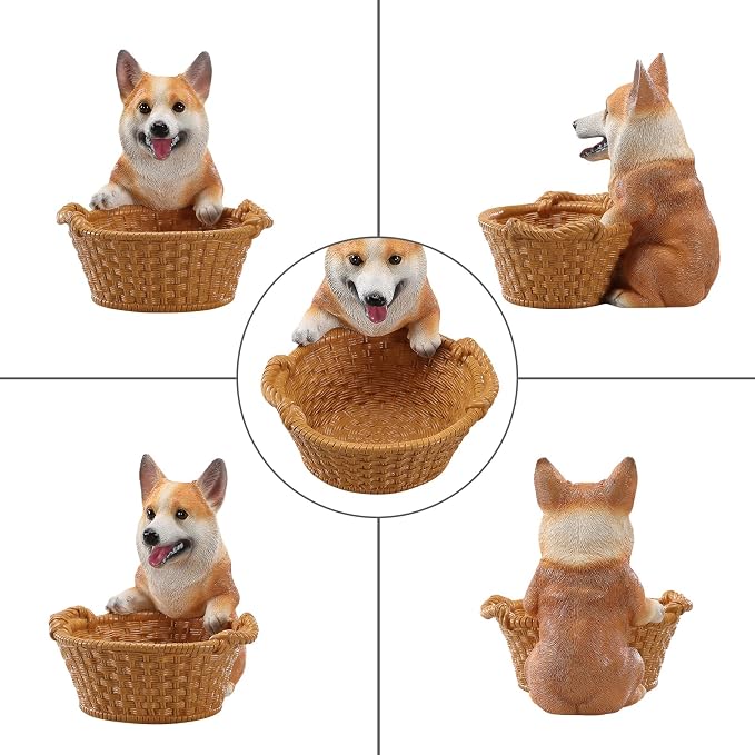 Cute Corgi Candy Bowl, Resin Dog Figurine Key Bowl for Entryway Table, Desktop Storage Basket Organizer for Desk, Unique Dog Lover Gift