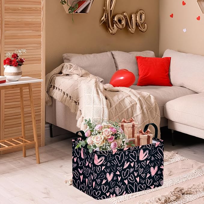MAIZMZ Girls Basket Empty Gift Basket with Handles,Closet Shelf Storage Organizer Bins Heart Print Girls Nursery hamper Kids Toys Books Box Room Decor