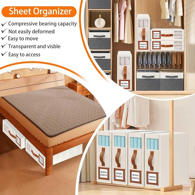 GhvyenntteS 12 Pack Bed Sheet Organizers and Storage, Sturdy Bed Sheet Organizer with Zipper and Handle, Foldable Linen Closet Organizers and Storage with Window and Label, Beige