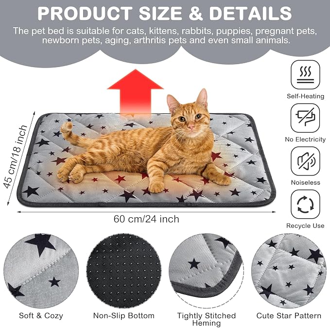 4 Pack Self Warming Cat Bed Self Heating Cat Mat Star Pattern Soft Dog Crate Pad Thermal Pet Mat Anti Slip Kennel Dog Washable Warming Bed for Outdoor Indoor(18 x 24 Inch,Gray)