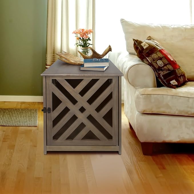 Casual Home Wooden Lattice Pet Crate, End Table, Taupe Gray