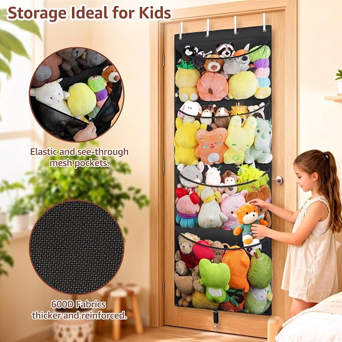 Over Door Stuffed Animal Storage, Hanging Plush Toy Organizer Holder | Behind Door Organizer with 4 Large Pockets, Mesh Hammock Bag for Doll & Bear Stuffies, Idea for Girl Boy Kid Nursery Closet