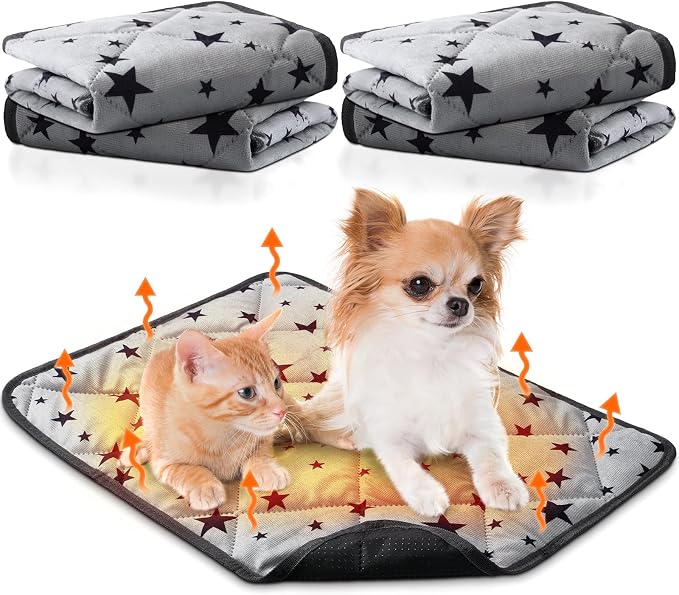 4 Pack Self Warming Cat Bed Self Heating Cat Mat Star Pattern Soft Dog Crate Pad Thermal Pet Mat Anti Slip Kennel Dog Washable Warming Bed for Outdoor Indoor(24 x 35 Inch,Gray)