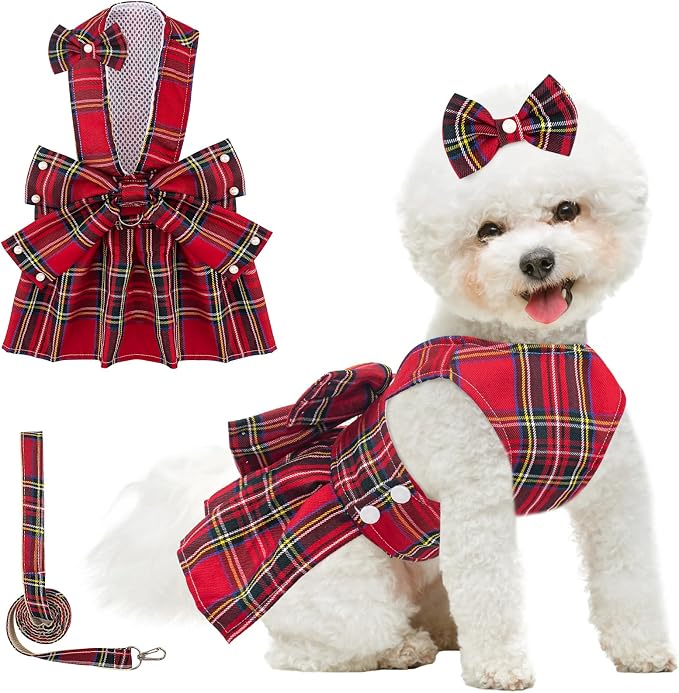 Coppthinktu Plaid Dog Dresses for Small Dogs Girl Bowknot Harness Leash Set