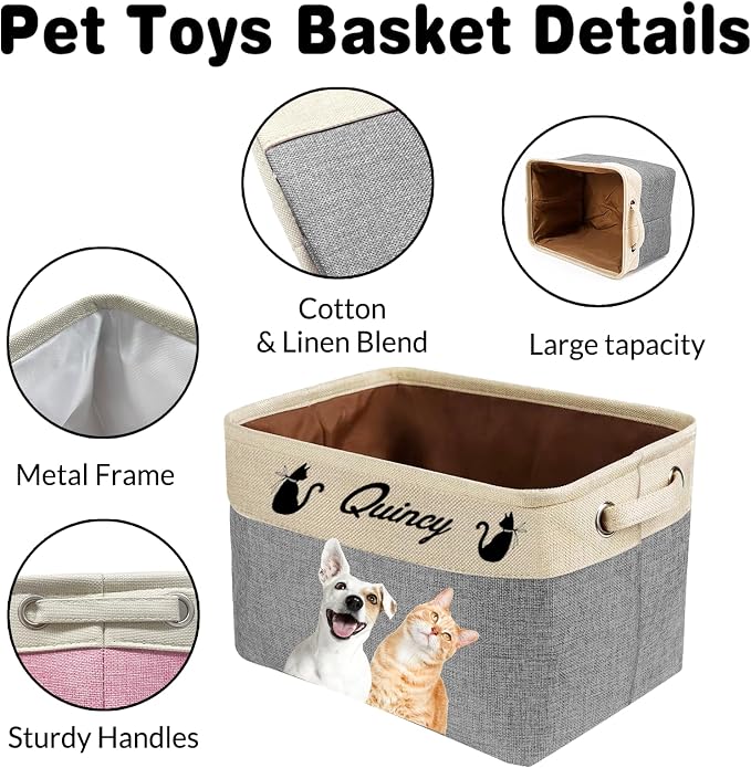 Personalized Dog Toy Storage Basket with Pet Name/Photo, Collapsible Custom Pet Storage Bin with Durable Handles, Large Capacity Organizer Box for Cat Toys