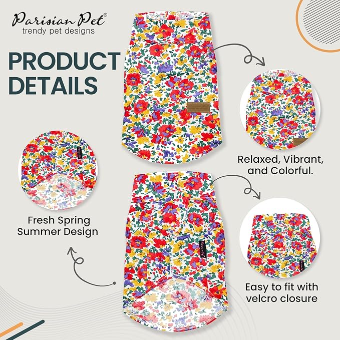 Parisian Pet Floral Dog Shirt - Cotton Clothes for Large Dogs - Stylish Dog Beach Outfit - Lightweight and Soft Puppy Clothes - Trendy Camp Tshirts for Dogs - Comfortable Summer Vacation Pet Apparel