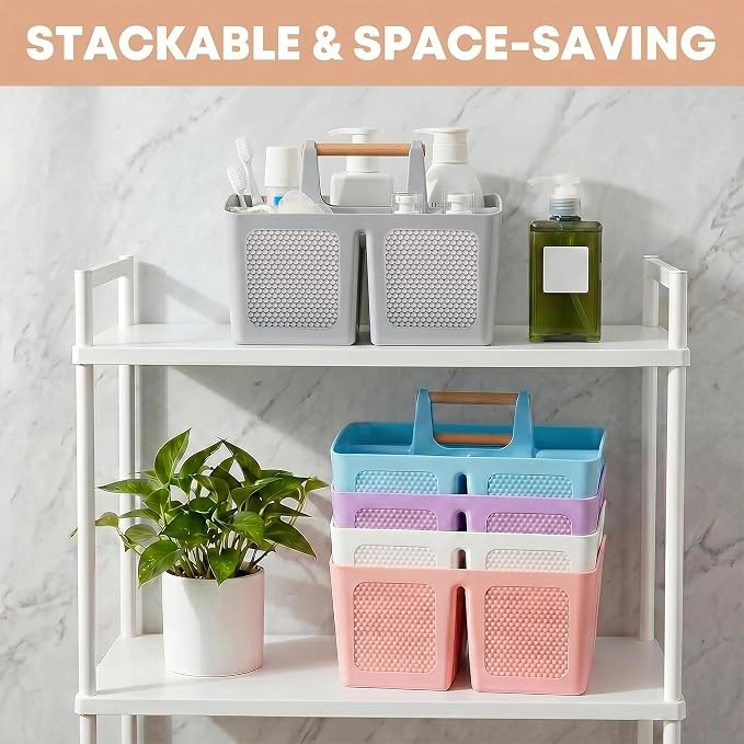 Haundry Plastic Light Gray Shower Caddy Basket with 3 Compartments, Portable Divided Bathroom Cleaning Caddy Organizer Storage Tote with Handle for Dorm, College, Room Essentials