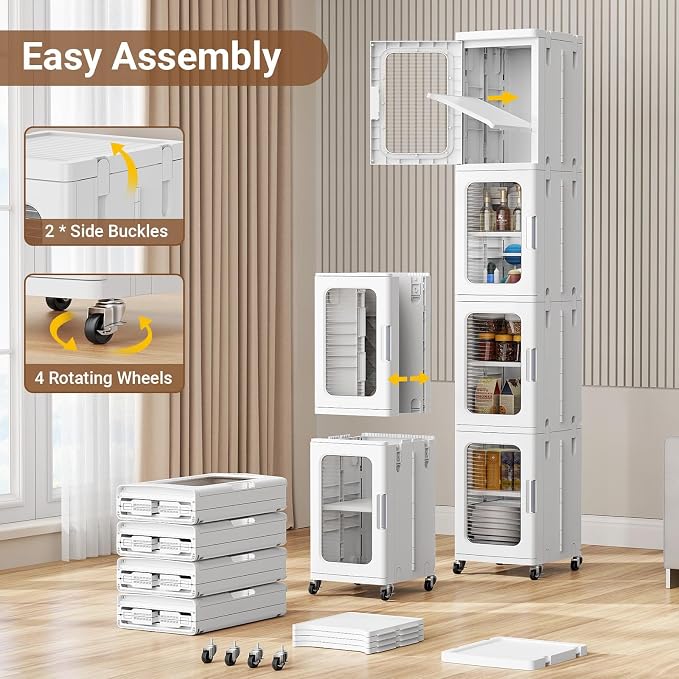 BROVIEW 3-Tier Tall Narrow Storage Cabinet Organizer, Slim Bathroom Cabinets with Adjustable Shelves and Doors, Plastic Kitchen Pantry Organizers and Storages for Small Space, Laundry, White