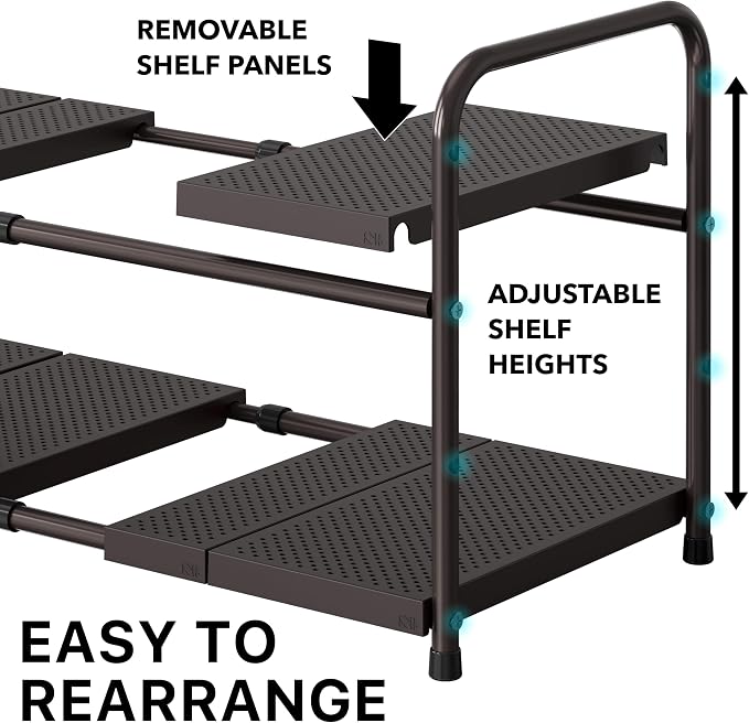 Simple Houseware Under Sink 2-Tier Heavy Duty Expandable Organizer, Bronze | Adjustable Width 15.75–25 Inches with 4 Shelf Height Levels