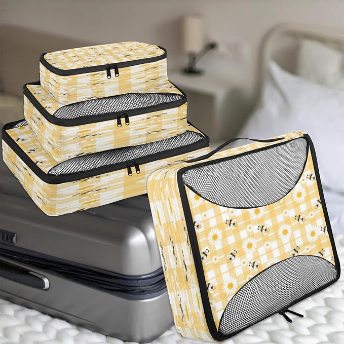 Honeybee Bee Packing Cubes for Travel, Luggage Packing Organizers, Bees Daisies Honey Travel Accessories Large Toiletries Bag for Clothes Shoes Cosmetics Toiletries