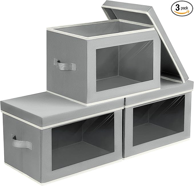 Storage Bins, Storage Baskets for Shelves with Window, Fabric Storage Bins with Handle, Foldable Storage Cubes Boxes for Organizing for Clothes, Towels, Books, 3 Pack, Grey