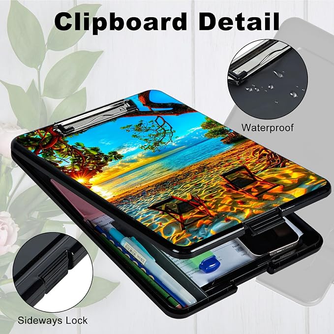 Beach Sunset A4 Clipboard with Storage Pen Holder, Clipboards Organizer Nursing Clipboard Foldable File Folder Plastic Clipboard Folio Clip Board for Office Students Classroom Doctor