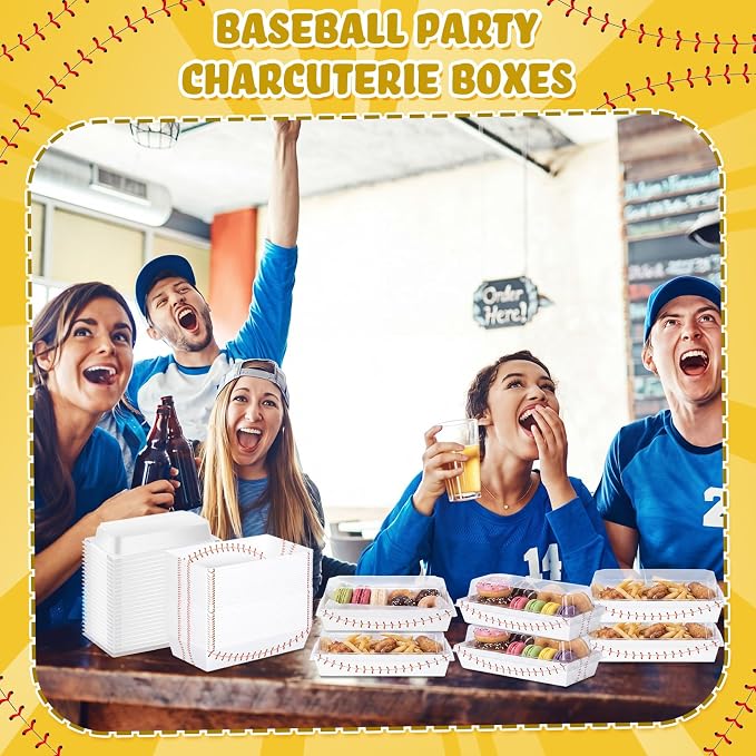 Bokon 50 Pack Baseball Charcuterie Boxes with Clear Lids, 7.5 in Disposable Food Containers for Sandwich Cake Slice, Rookie of the Year Party, Holiday & Game Day Watching, Grease-resistant to Go Box