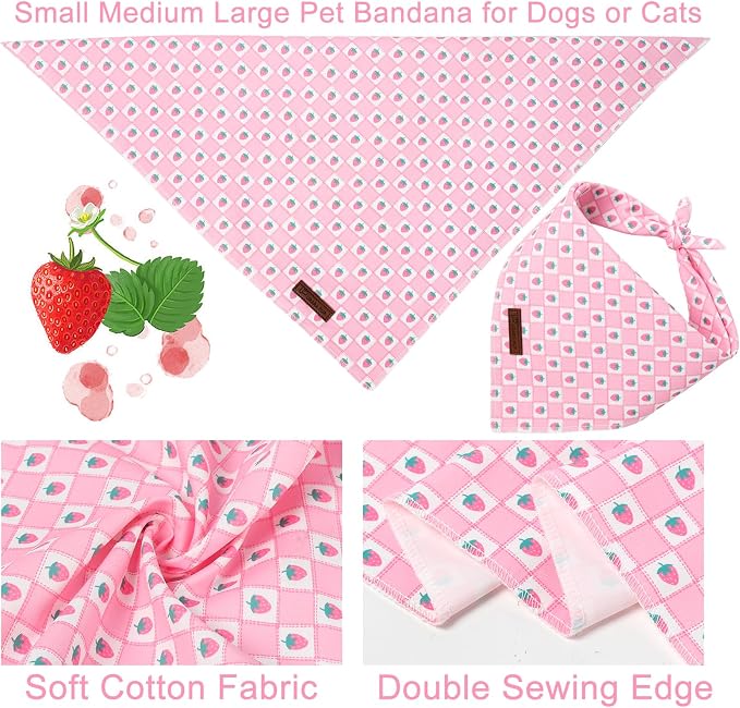 Spring Dog Bandana, UP URARA PUP Strawberry Triangle Bid Scarf for Medium Large Dogs, Cotton Kerchief for Girl Boy Puppies, Cute Spring Pink and White Bandana,S