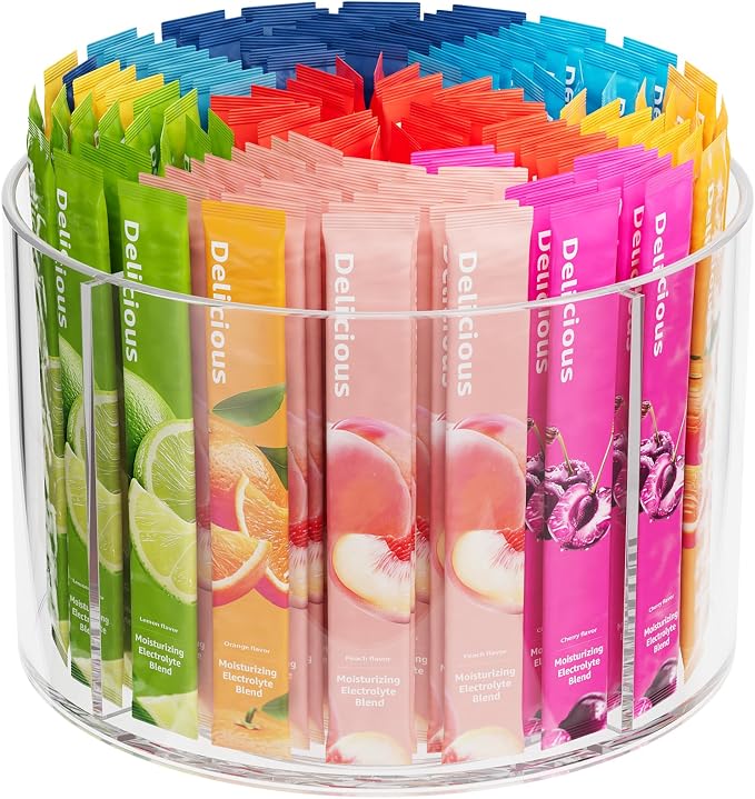 Divided Drink Packet Organizer, Rotating Turntable Organizer, Lazy Susan | Clear Lazy Susan, Water Drink Packet Holder, Rotating Storage Organizer for Powdered Drink Mix, Water Drink Packet Holder
