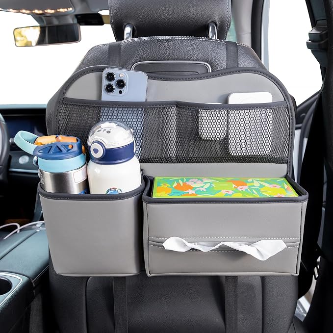 Multifunctional Car Seat Back Organizer with Large Tissue Box Holder, Large Water Bottle Storage, Phone Pouch for Road Trips (Gray)