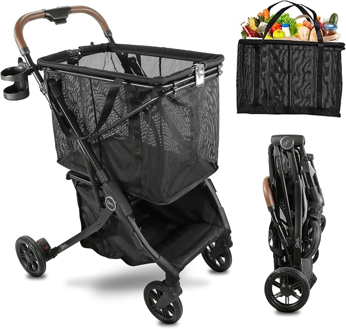Stability Shopping Cart On Premium Wheels – Lightweight Aluminum Frame – Removable Shopping Bag with Carry Strap & Lower Grocery Storage 75Lbs Storage Capacity (Black)