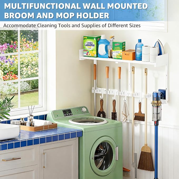 HUFAND Broom Holder Wall Mount, 27" Mop and Broom Organizer with Top Shelf | 5 Grippers,5 Movable S-Hooks,Breathable Grid Shelf,Rust-Resistant Coating,Hardware Included,for Kitchen,Laundry Room
