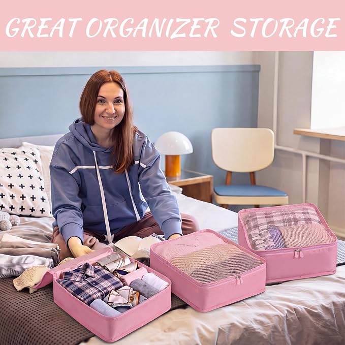 Silkfly 8 Pcs XL Packing Cube for Travel Luggage,Simple,Pink | 17.7 x 13 x 4.7, Same Size, Pink Suitcase Storage Organizer Set, Reusable Mesh Clothes Cube for Hiking Camp Family Accessory