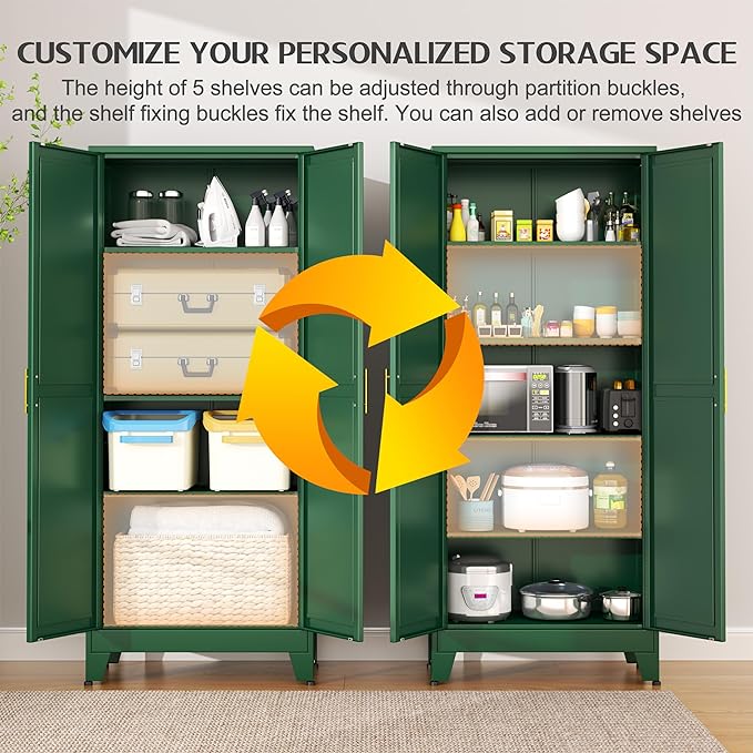 GAIOUS 75.2" Tall Kitchen Food Pantry, Metal Pantry Cabinet with 2 Door | and 5 Adjustable Shelves, Green Laundry Room Cabinets, Freestanding Pantry for Kitchen, Study Room, Dining Room and Entryway