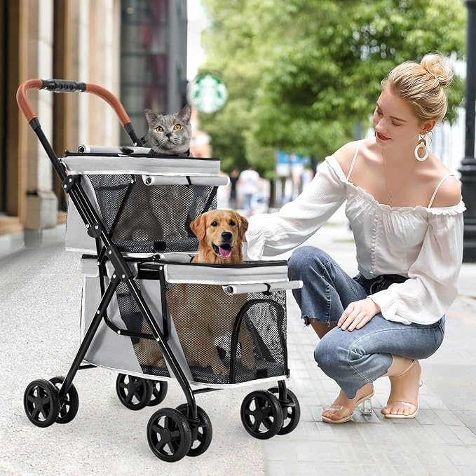 Double Pet Stroller for 2 Dogs & Cats, Double-Decker, Gray | One-Hand Fold Two-Tier Stroller with Separate Cabins, 44 lb Capacity, 4 Tethers, Locking Front Wheels and Rear Brakes