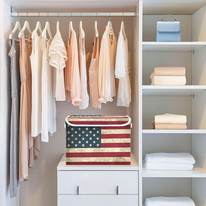 American Flag Storage Bins with Lids and Carrying Handle,Foldable Storage Boxes Organizer Containers Baskets Cube with Cover for Home Bedroom Closet Office