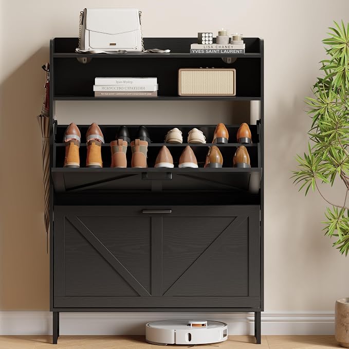 Xixini Shoe Storage Cabinet with 2 Flip Drawers, Entryway Shoe Rack, Black | Freestanding Narrow Shoe Storage, Hidden Slim Wood Shoe Organizer, Modern Farmhouse, Open Storage & Hooks for Closet, Hallway