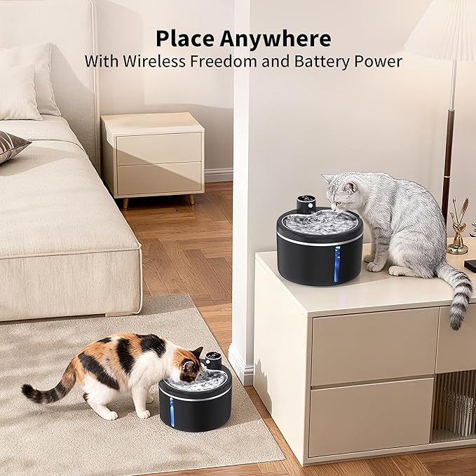 Cat Water Fountain Cordless, 108oz/3L Pet Fountains for Cats Indoor with Stainless Steel Tray, Battery Operated Cat Drinking Fountain with Motion Sens (Black)