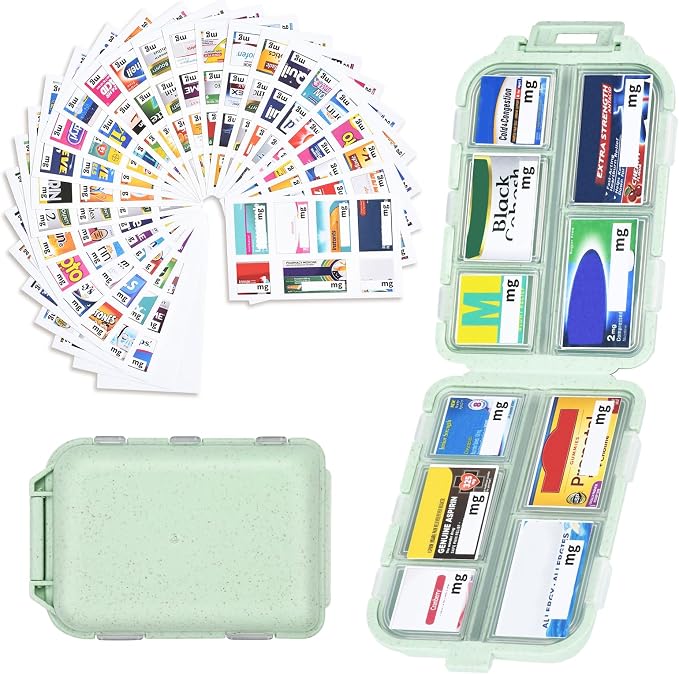 Travel Medicine Organizer with 189 Labels, 7 Day Daily Pill Organizer Travel Pill Container Medicine Organizer Pill Case Travel (Green, 1 Pack)