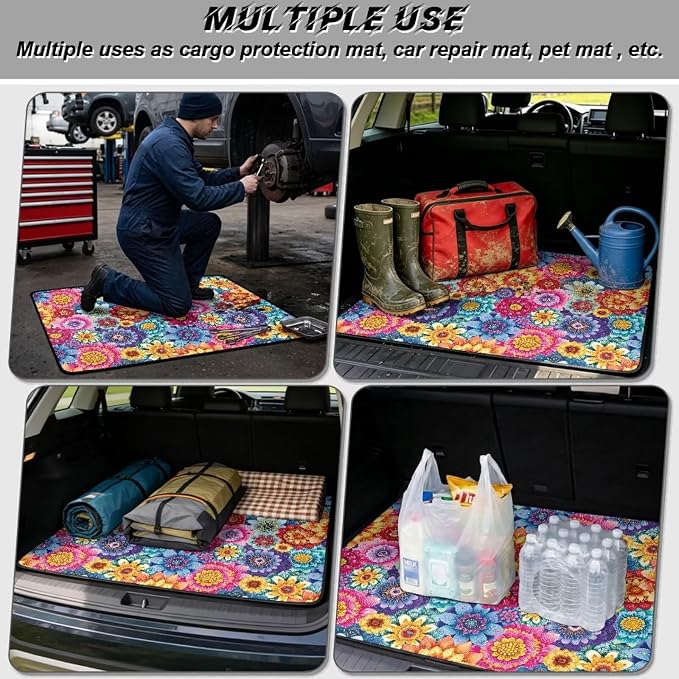 Howilath Bohemian Floral Rear Cargo Mat All Weather Trunk Liner for Cars SUV Truck, Non-Slip Polyester Carpet