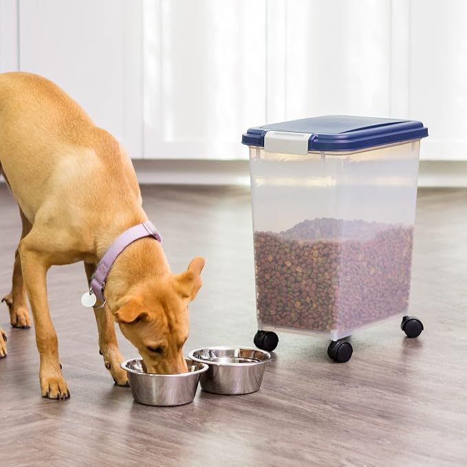IRIS USA Dog Food Storage Container, Up to 30 lbs, Navy, Made in USA | Wheels for Mobility, Airtight Seal, BPA-Free, Best for Bird Seed, Cat food, Cat Litter, Chicken Feed, Pellets
