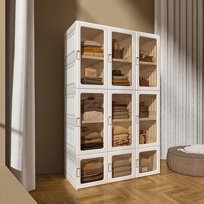 ANTBOX Portable Wardrobe Closet Storage Organizer for Clothes,Transparent Door Panels,Suitable for Living Room, Bedroom,Plastic Wardrobe with Magnetic Door and Easy Assembly 15 Cubes