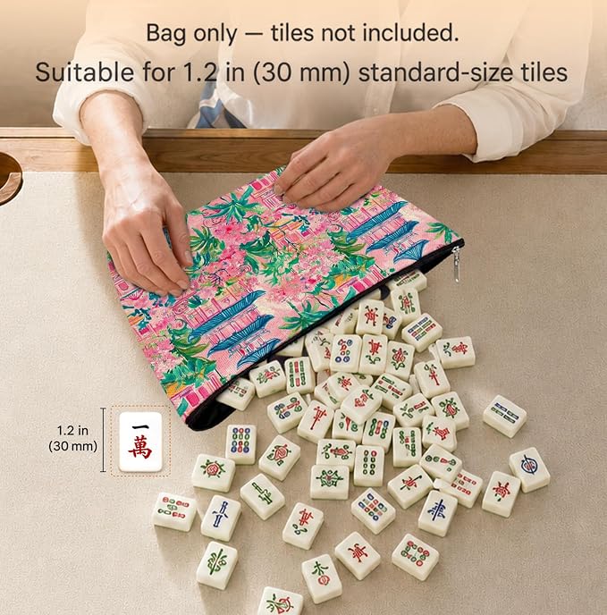 Pink Blue Chinoiserie Pagoda Empty Mahjong Tile Bag 13x7.8 Inch | Green Tropical Printed Portable Travel Case Organizer Zipper Pouch for American Mahjong Tiles Game Night Accessories andGifts