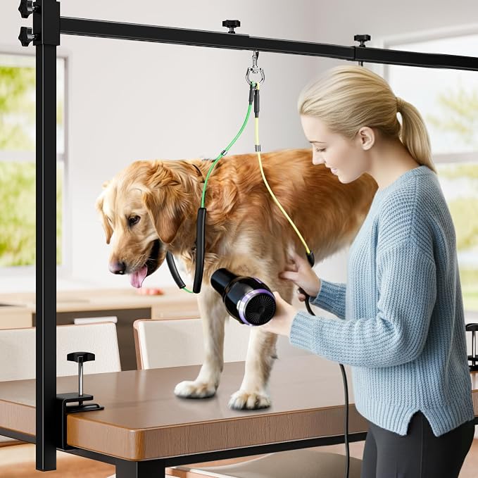 H Shape Dog Grooming Arm for Table, M Size Hammock, 42" H, 31-43" W | Heavy Duty, Adjustable Grooming Stand, Clamp Fits up to 2.76", with Hammock & 2 Nooses for Home Grooming & Nail Trimming