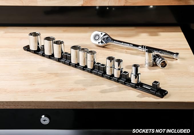 ARES 70086 1/2-In Black Socket Rail | Part No. 70086; Store up to 16 Sockets and Keep Your Tool Box Organized