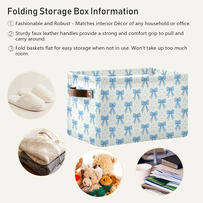 Wamika Blue Bow Storage Basket with Waterproof Liner and PU Handles Coquette Bowknot Storage Bins Boxes 14.2" Collapsible Decorative Organizer Baskets for Bedroom Closet Office 1 Pack