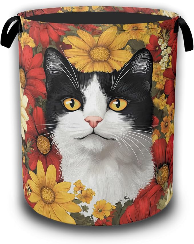 Black White Cat Laundry Basket,Red White Daisies Collapsible Laundry Hamper Waterproof Oxford Cloth With Handles,Clothes Storage Bucket Toy Organizer For Bathroom/Nursery/Bedroom 16" x 20.8"