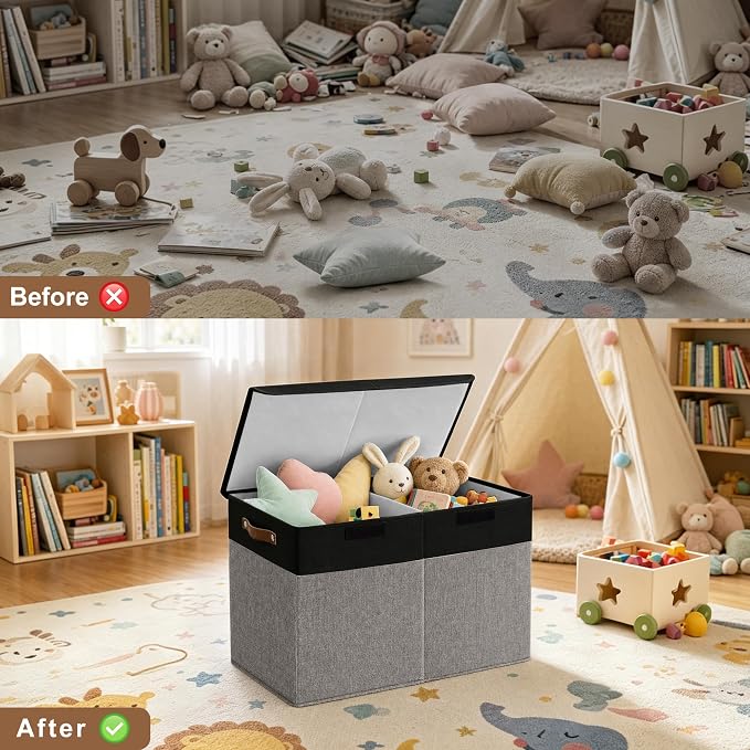 Large Toy Storage Box with Lids, Collapsible Sturdy Baby Storage Organizer Chest Bin Basket for Kids, Boys, Girls, Playroom, Nursery, Bedroom, Closet 25"x13"x16" (Gray and Black)