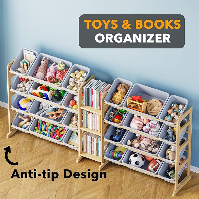 SpaceAid Large Toy Storage Organizer with 24 Bins and 3 Shelves, Toy Organizers Storage Bookshelf, Kids Bin Shelf Box Bookcase for Bedroom Playroom Organization Room Decor, Neutral Gray