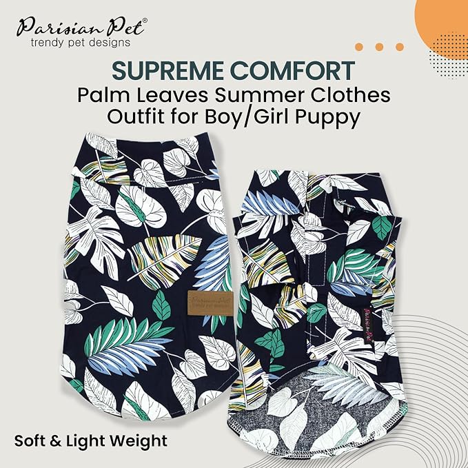 Parisian Pet Palm Leaves Dog Shirt - Cotton Clothes for Small Dogs - Stylish Tropical Dog Outfit - Lightweight and Soft Puppy Clothes - Trendy Tshirts for Dogs - Comfortable Summer Camp Pet Apparel