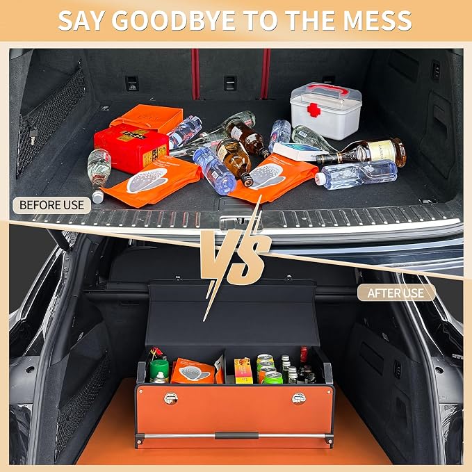 Car Trunk Organizer Leather Car Storage Organizer with Lid Car Organizer | Suv Trunk Organizer with Sturdy Handle Car Cargo Storage Box for Minivan, Sedan, Jeep (Orange, 27 x 11.4 x 12.2in)