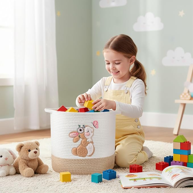 Large Blanket Baskets for Living Room, Bunny Baskets Toy Storage Basket Woven Cotton Rope Basket for Kids, Toys Organizer Clothes Hamper with Embroidery, Laundry Hamper Nursery Decor ( Large )