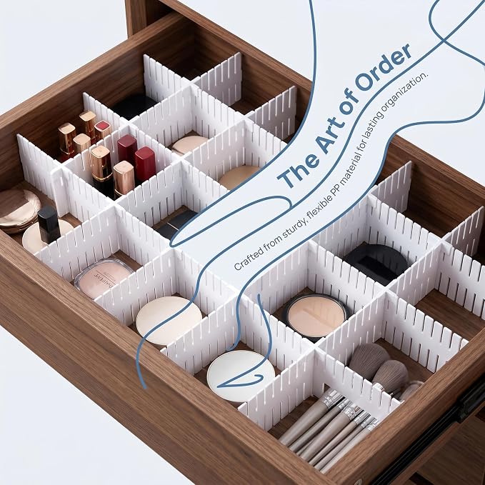 20 PCS Drawer Divider with 25 Accessories, Adjustable Drawer Organizer Inserts, 12.6" x 2.76" x 0.08" White Drawer Plastic Separators for Clothes, Kitchen, Bathroom, Office Storage
