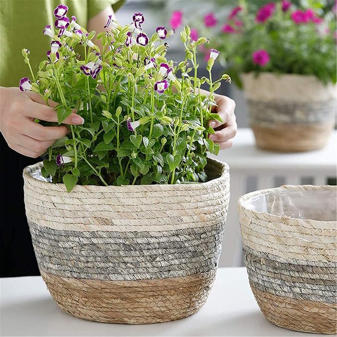 Straw Rope Plant Basket Woven Plant Coiled Basket, Decorative Flower Pot Cover Closet Storage Bin Table Desk Organizer for Home Decor, Plant Pots for Indoor Plants, Plant Containers (S)
