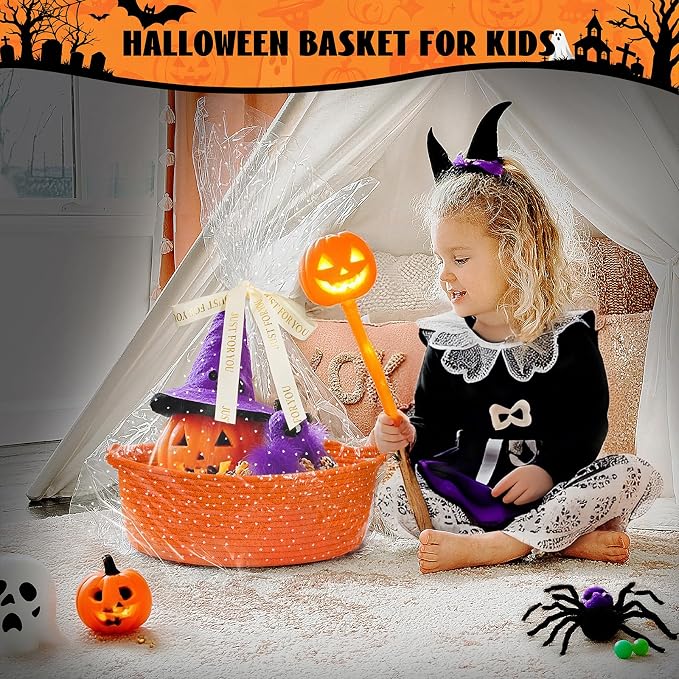 Goodpick Woven Rope Halloween Basket for Gifts Empty, 12" x 8" x 5", Orange | Small Boho Basket for Candy Snacks Treats Storage, Fits Living Room Nursery Halloween Decor, with Durable Handles