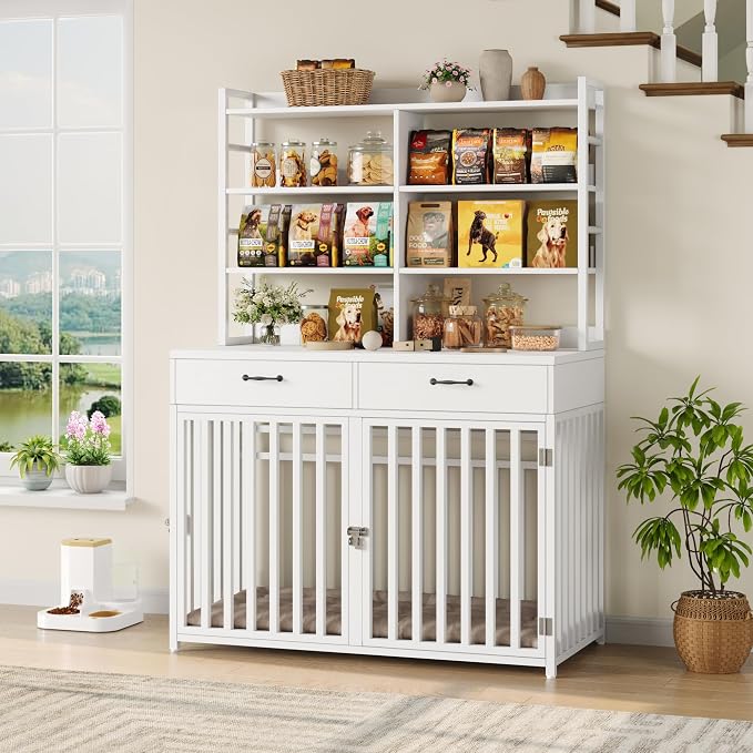 Keyluv 71''H x 47.2''W Large Dog Crate Furniture with 4-Tier Shelves and 2 Storage Drawers, Heavy Duty Dog Cage Furniture with 2 Doors, Wood & Metal Dog Kennel Indoor for Small/Medium/Large Dog, White