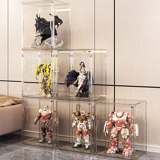 GUDEMAY Clear Stackable Plastic Storage Bins with Magnetic Lid, Dustproof Book & Cosmetic Acrylic Display Cases, Large Figures Collectibles Showcase, Shoe Box, Protection Organizer (L, Count, 3)
