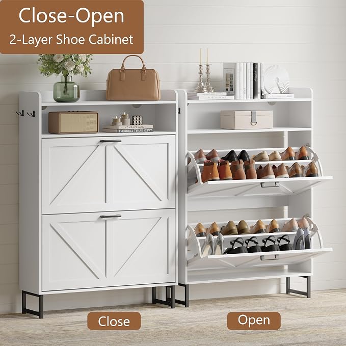 Xixini Shoe Storage Cabinet with 2 Flip Drawers, Entryway Shoe Rack, White | Freestanding Narrow Shoe Storage, Hidden Slim Wood Shoe Organizer, Modern Farmhouse, Open Storage & Hooks for Closet, Hallway